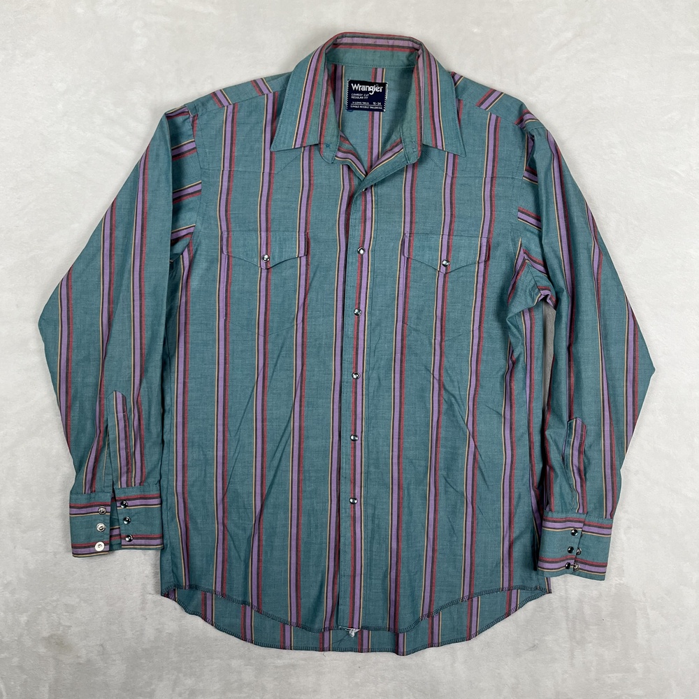 VTG Wrangler Shirt Mens Large Green Striped Cowboy Cut Long Sleeve Western Snap